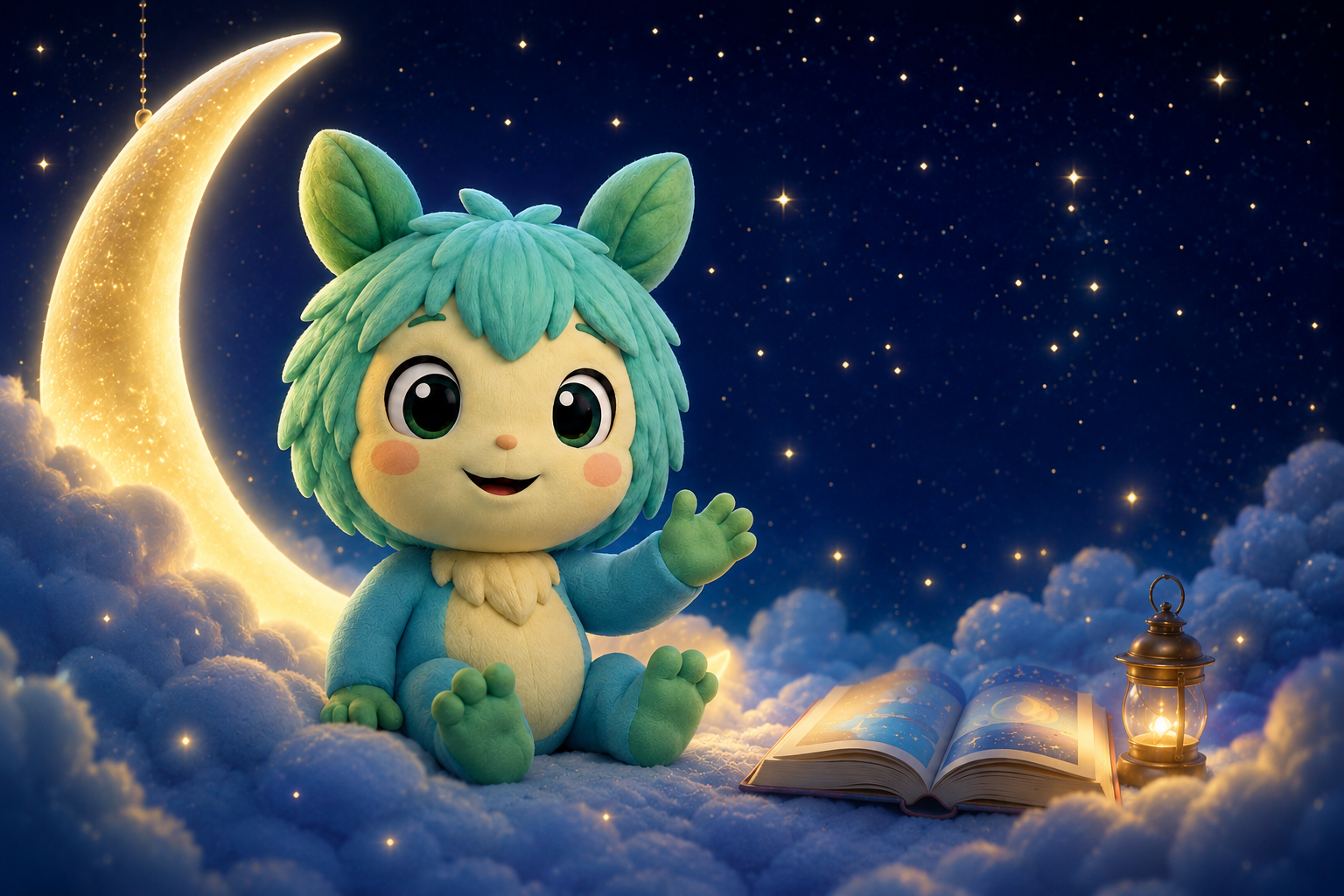 Bloomie beside a moon and story book